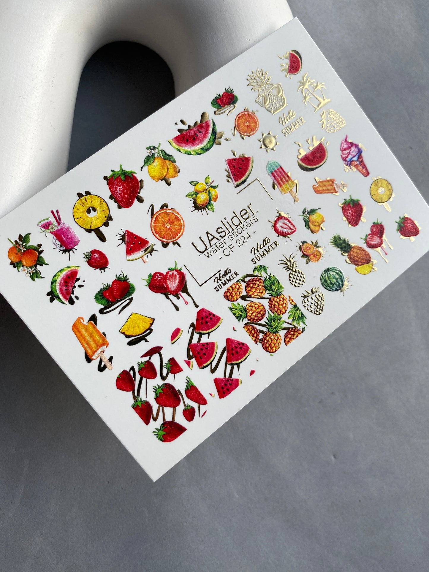 Nail Water Decal CF-224 | Fruit Water Slide Nail Decals | Summer Fruits & Ice Cream with Gold