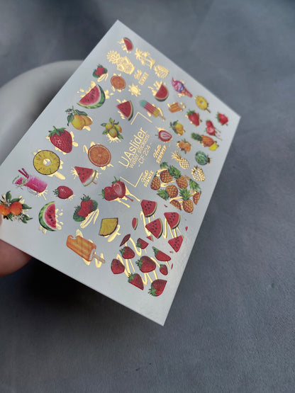 Nail Water Decal CF-224 | Fruit Water Slide Nail Decals | Summer Fruits & Ice Cream with Gold