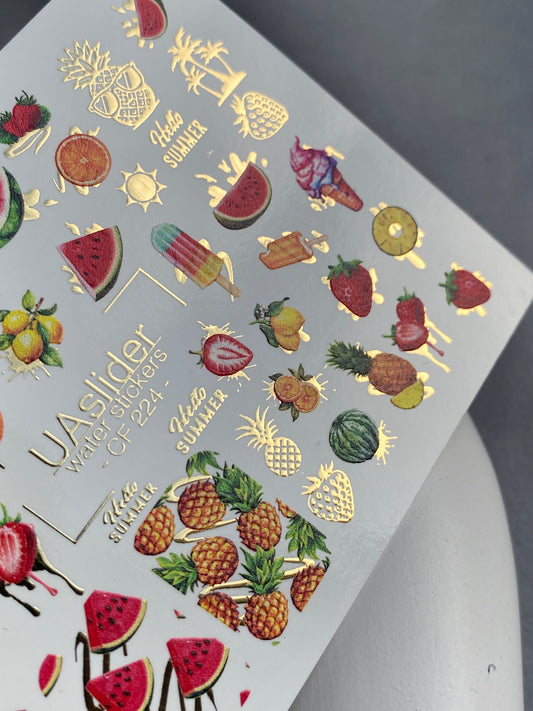 Nail Water Decal CF-224 | Fruit Water Slide Nail Decals | Summer Fruits & Ice Cream with Gold