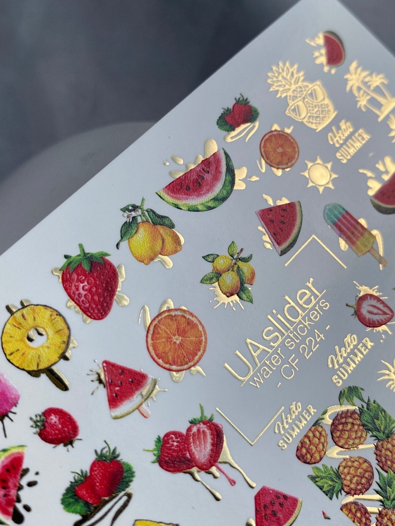 Nail Water Decal CF-224 | Fruit Water Slide Nail Decals | Summer Fruits & Ice Cream with Gold - UASLIDER