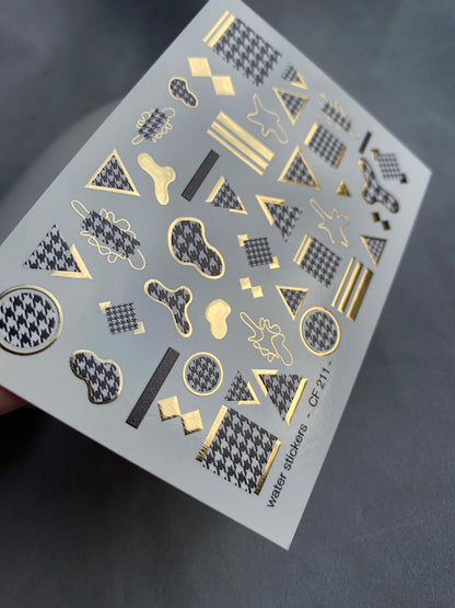 Nail Water Decal CF-211 | Nail Water Decals | Geometric Houndstooth & Gold Foil Shapes