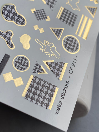 Nail Water Decal CF-211 | Nail Water Decals | Geometric Houndstooth & Gold Foil Shapes