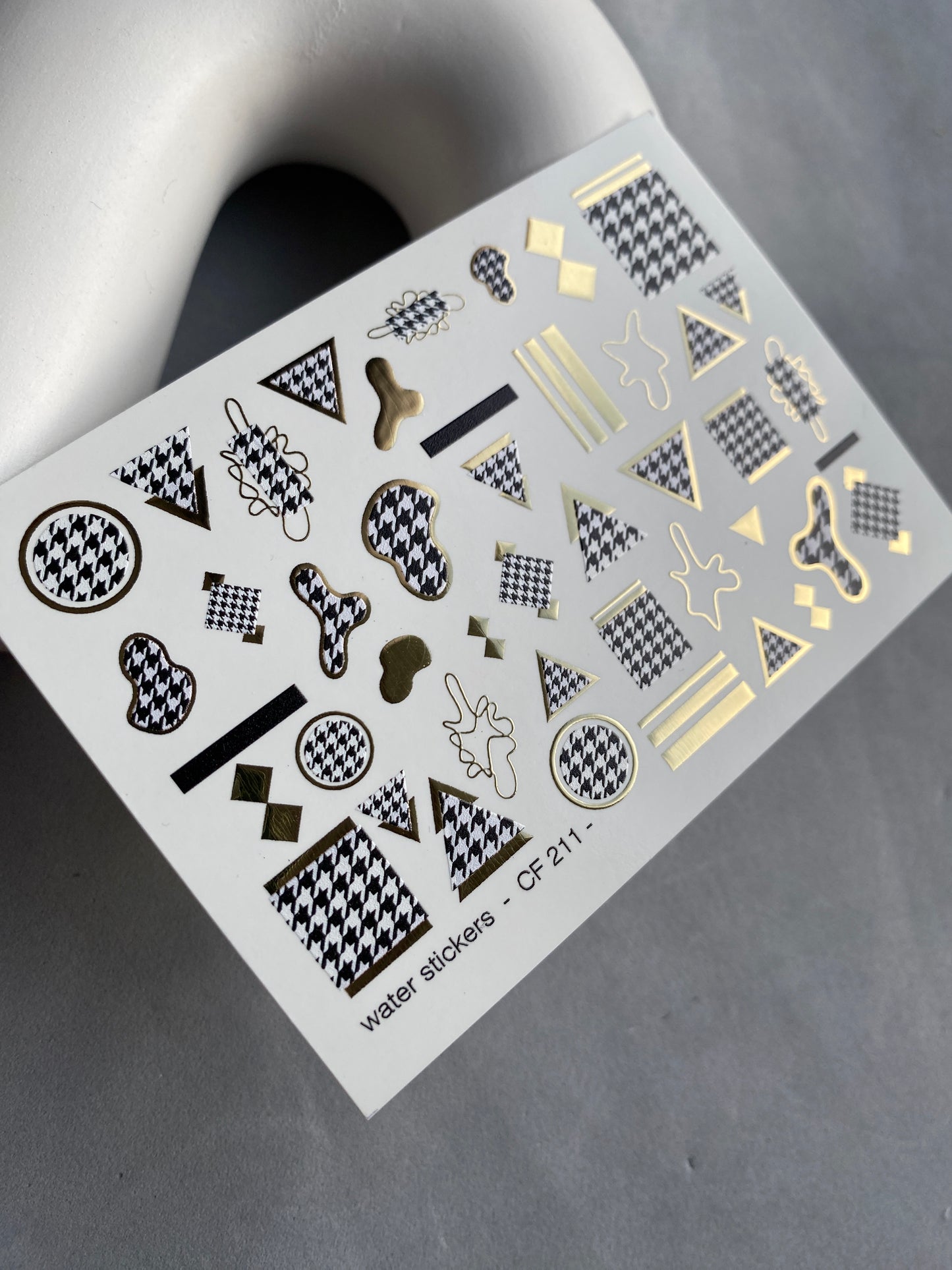 Nail Water Decal CF-211 | Nail Water Decals | Geometric Houndstooth & Gold Foil Shapes