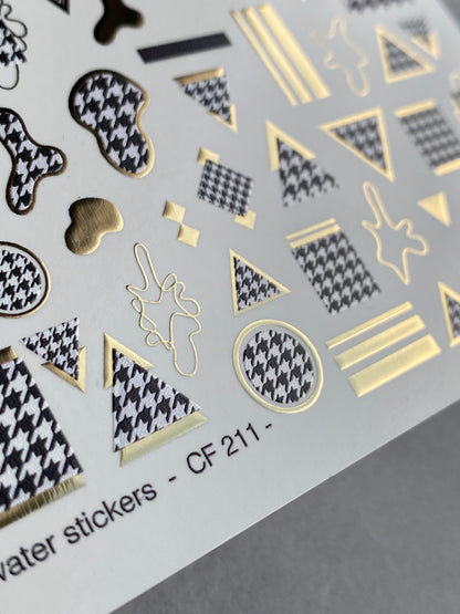 Nail Water Decal CF-211 | Nail Water Decals | Geometric Houndstooth & Gold Foil Shapes