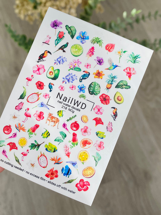 Nail Water Decal 218 Nail WD | Water Slide Nail Decals with Tropical Flowers and Fruits | Exotic Nail Art Mix