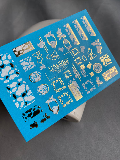 Nail Water Decal CF-230 | Cow Print Water Slide Nail Decals | White & Gold Geometric Design