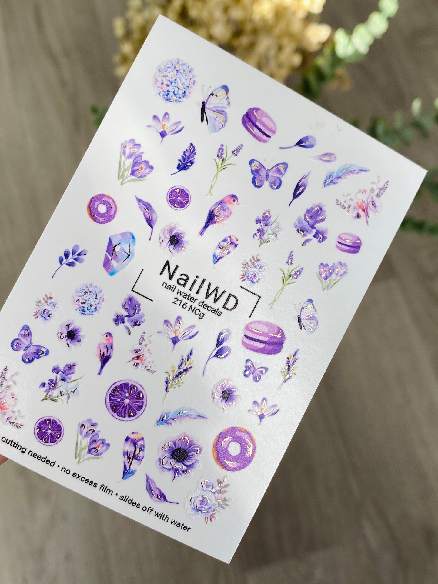 Nail Water Decal 216 Nail WD | Water Slide Nail Decals with Lavender Elements | Purple Floral & Butterfly Mix