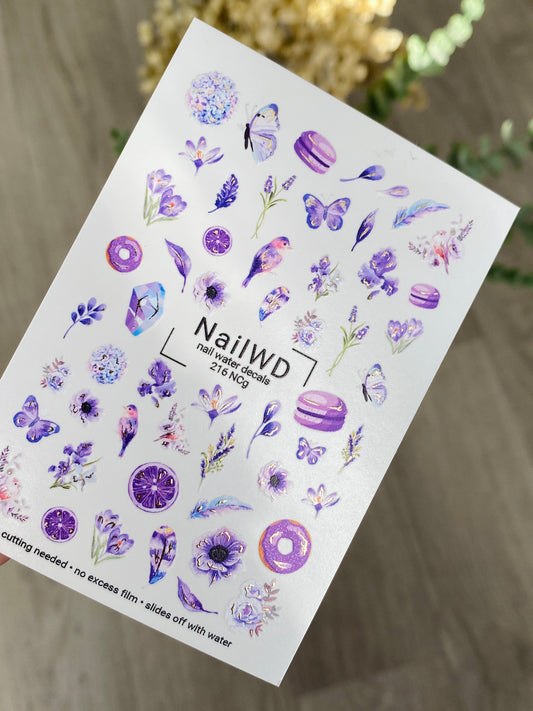 Nail Water Decal 216 Nail WD | Water Slide Nail Decals with Lavender Elements | Purple Floral & Butterfly Mix