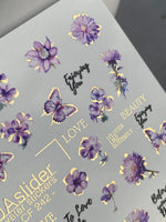 Nail Water Decal CF-242 | Purple Floral Water Slide Nail Decals | Flowers, Butterflies & Gold Accents - UASLIDER