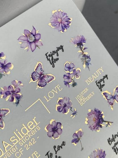 Nail Water Decal CF-242 | Purple Floral Water Slide Nail Decals | Flowers, Butterflies & Gold Accents
