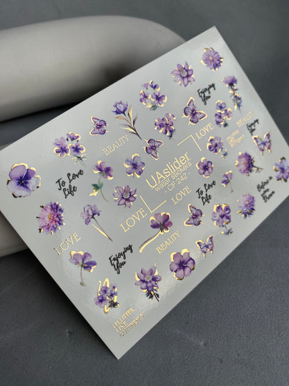 Nail Water Decal CF-242 | Purple Floral Water Slide Nail Decals | Flowers, Butterflies & Gold Accents
