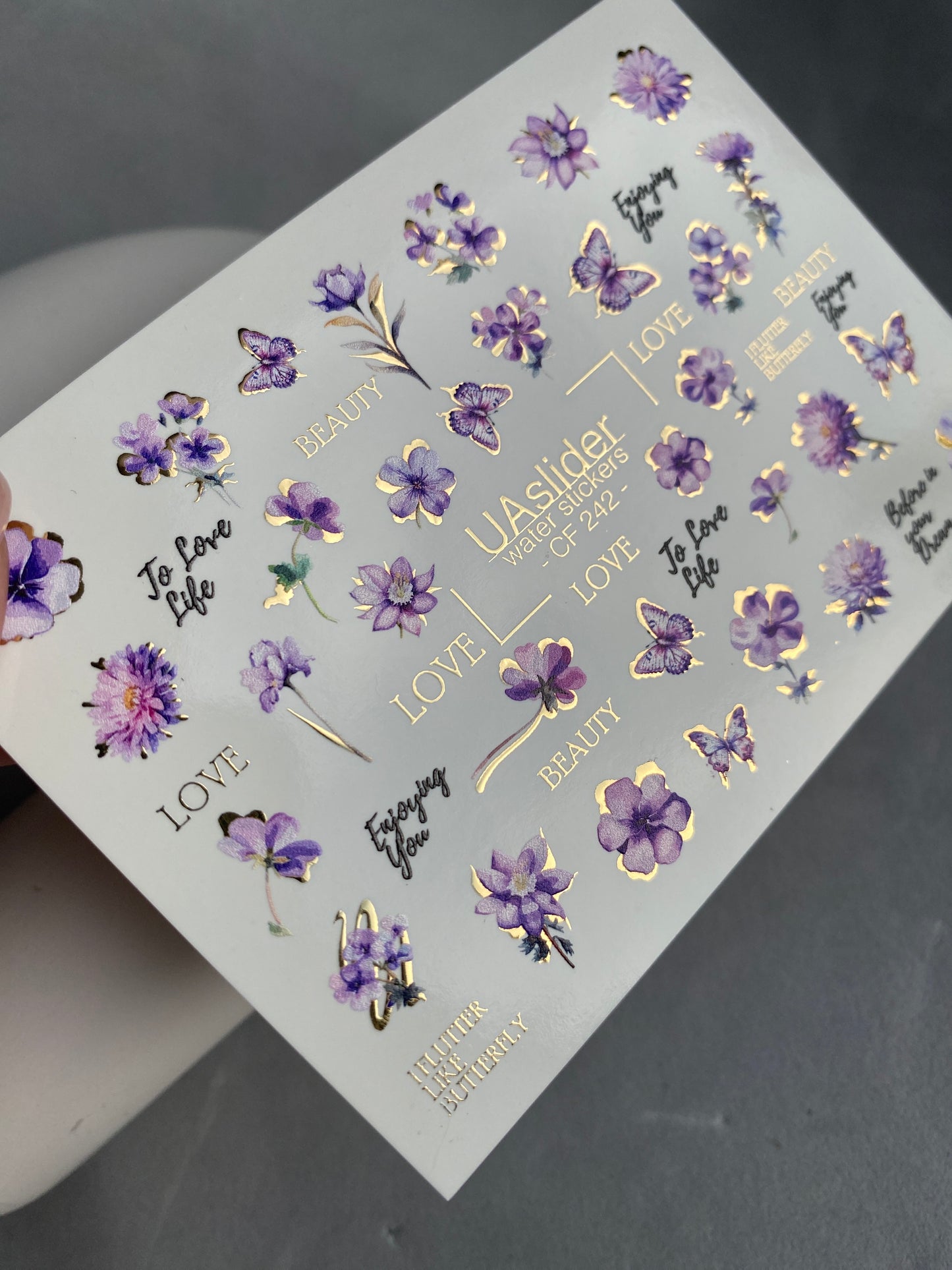 Nail Water Decal CF-242 | Purple Floral Water Slide Nail Decals | Flowers, Butterflies & Gold Accents