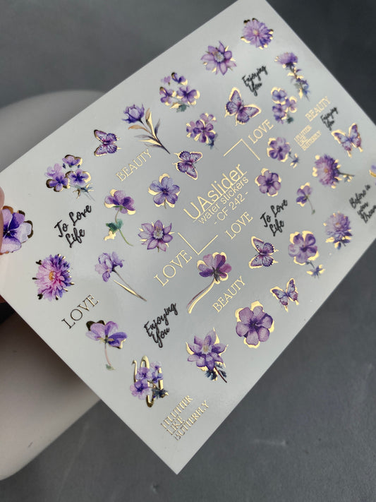 Nail Water Decal CF-242 | Purple Floral Water Slide Nail Decals | Flowers, Butterflies & Gold Accents