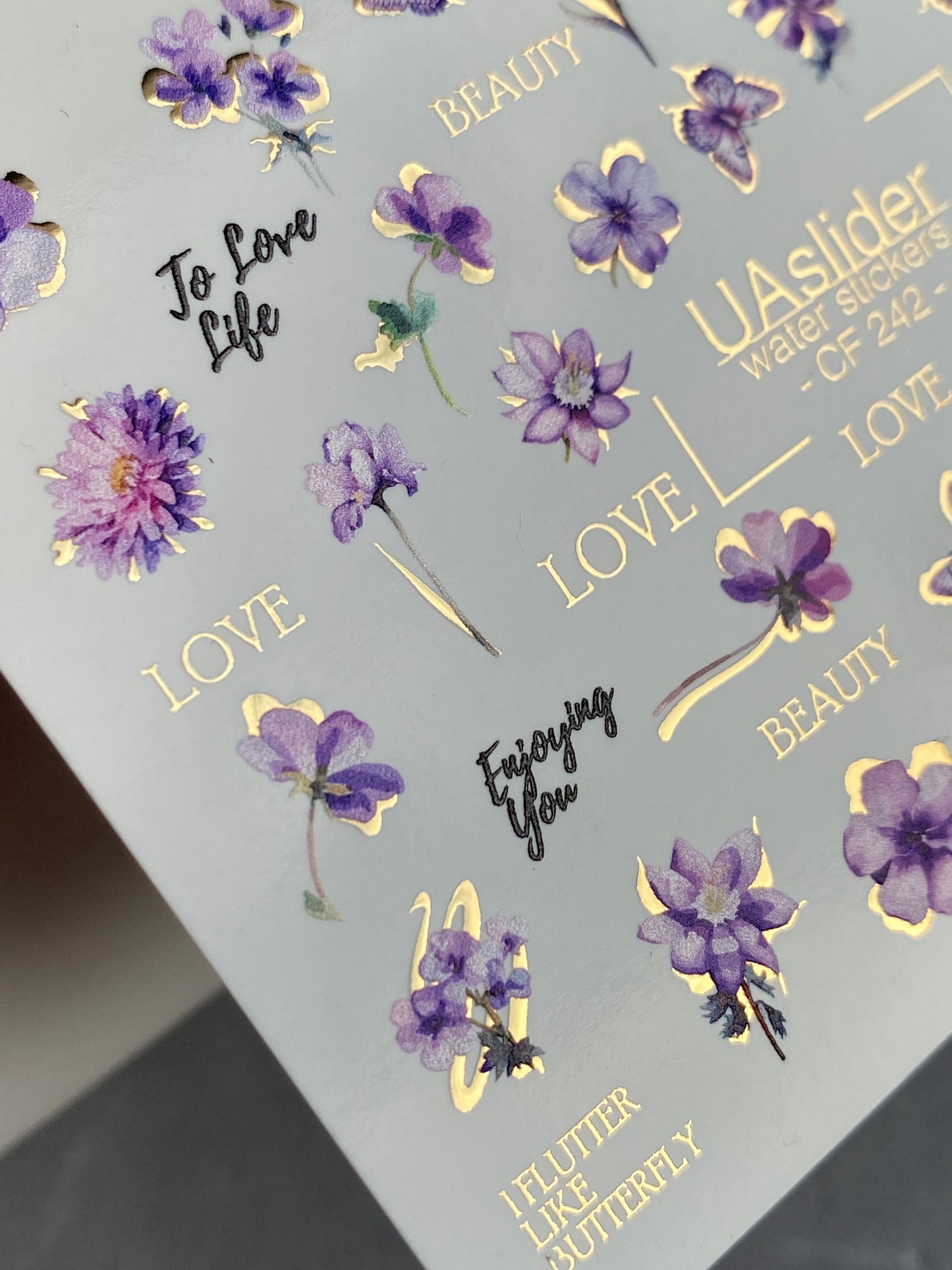 Nail Water Decal CF-242 | Purple Floral Water Slide Nail Decals | Flowers, Butterflies & Gold Accents