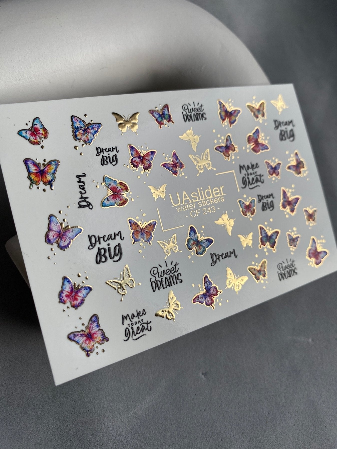 Nail Water Decal CF-243 | Colorful Butterfly Water Slide Nail Decals | Gradient Wings & Gold Details - UASLIDER