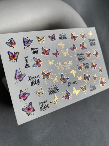 Nail Water Decal CF-243 | Colorful Butterfly Water Slide Nail Decals | Gradient Wings & Gold Details