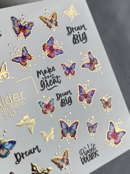 Nail Water Decal CF-243 | Colorful Butterfly Water Slide Nail Decals | Gradient Wings & Gold Details
