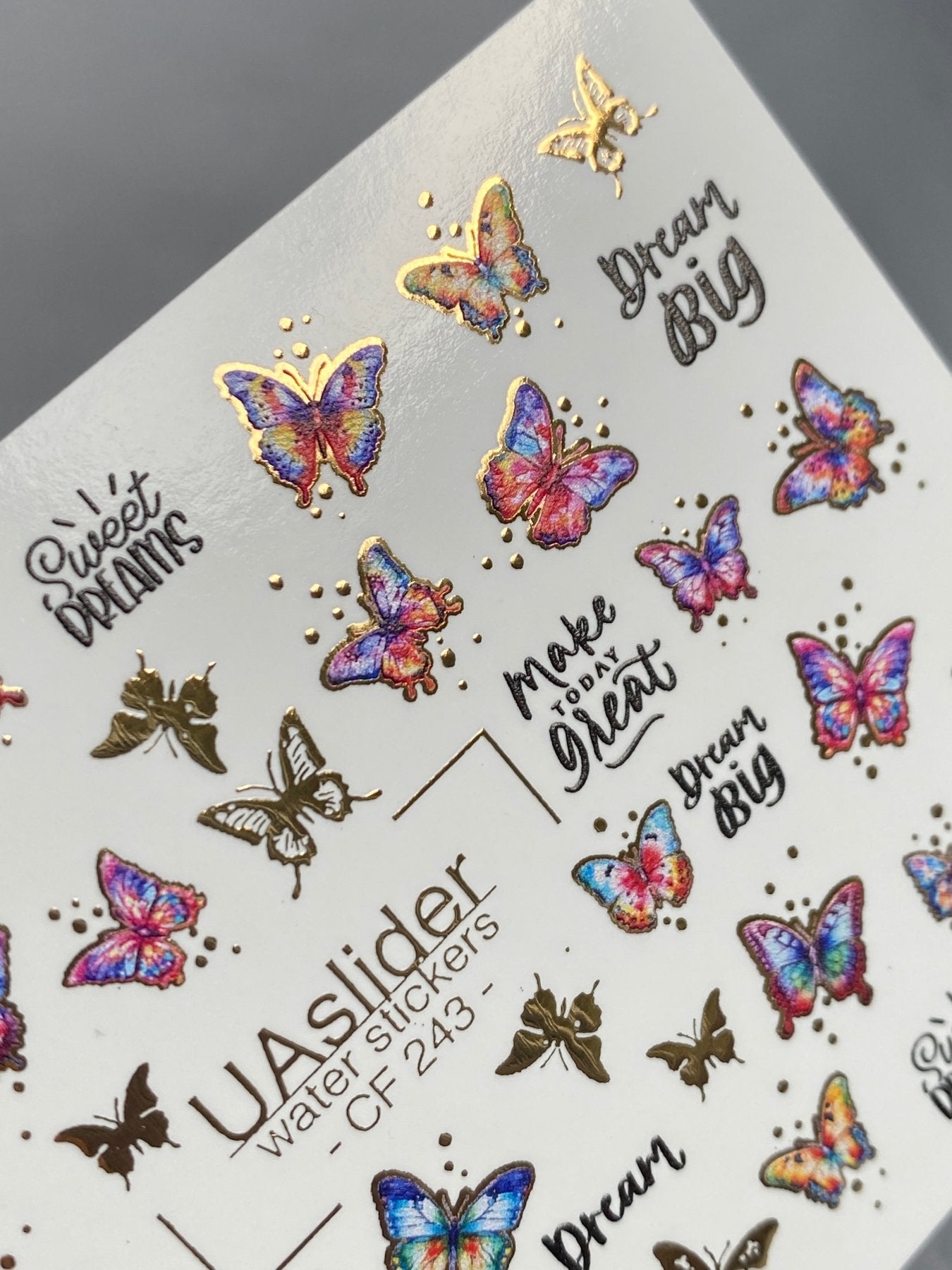 Nail Water Decal CF-243 | Colorful Butterfly Water Slide Nail Decals | Gradient Wings & Gold Details - UASLIDER