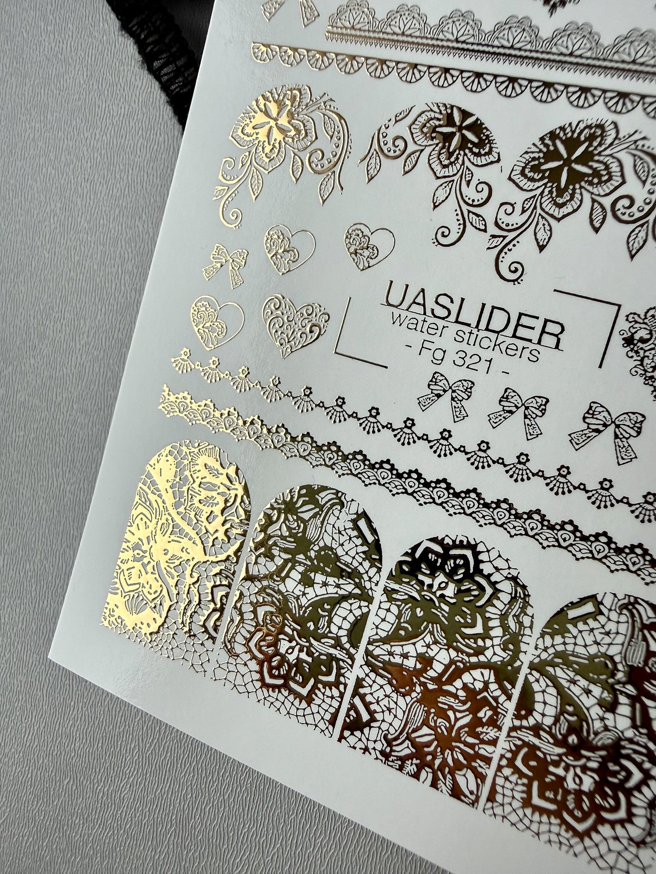 Heart Nail Decals — Gold Foil Lace Hearts, Bows & Floral Strips | Fg-321