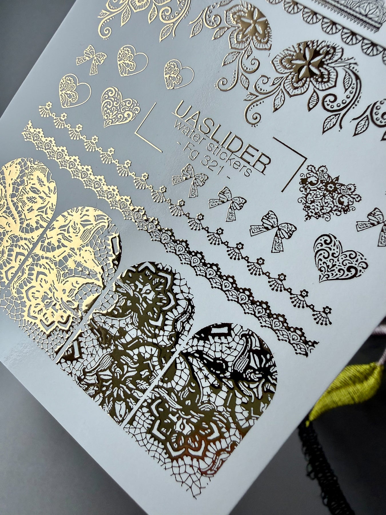 Heart Nail Decals — Gold Foil Lace Hearts, Bows & Floral Strips | Fg-321