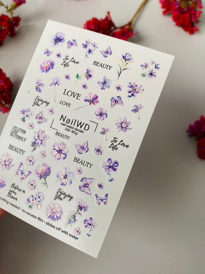 Nail Water Decal 233 Nail WD | Water Slide Nail Decals Purple Flowers & Butterflies | Nail Water Decals with Romantic Quotes