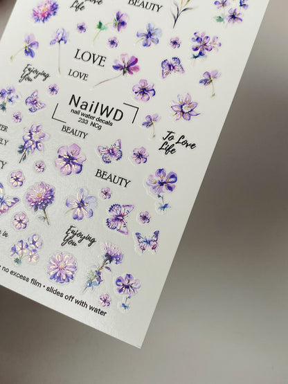 Nail Water Decal 233 Nail WD | Water Slide Nail Decals Purple Flowers & Butterflies | Nail Water Decals with Romantic Quotes