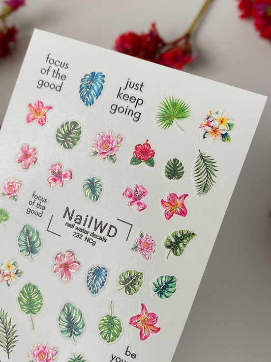 Nail Water Decal 232 Nail WD | Water Slide Nail Decals Tropical Leaves & Flowers | Nail Water Decals with Motivational Quotes