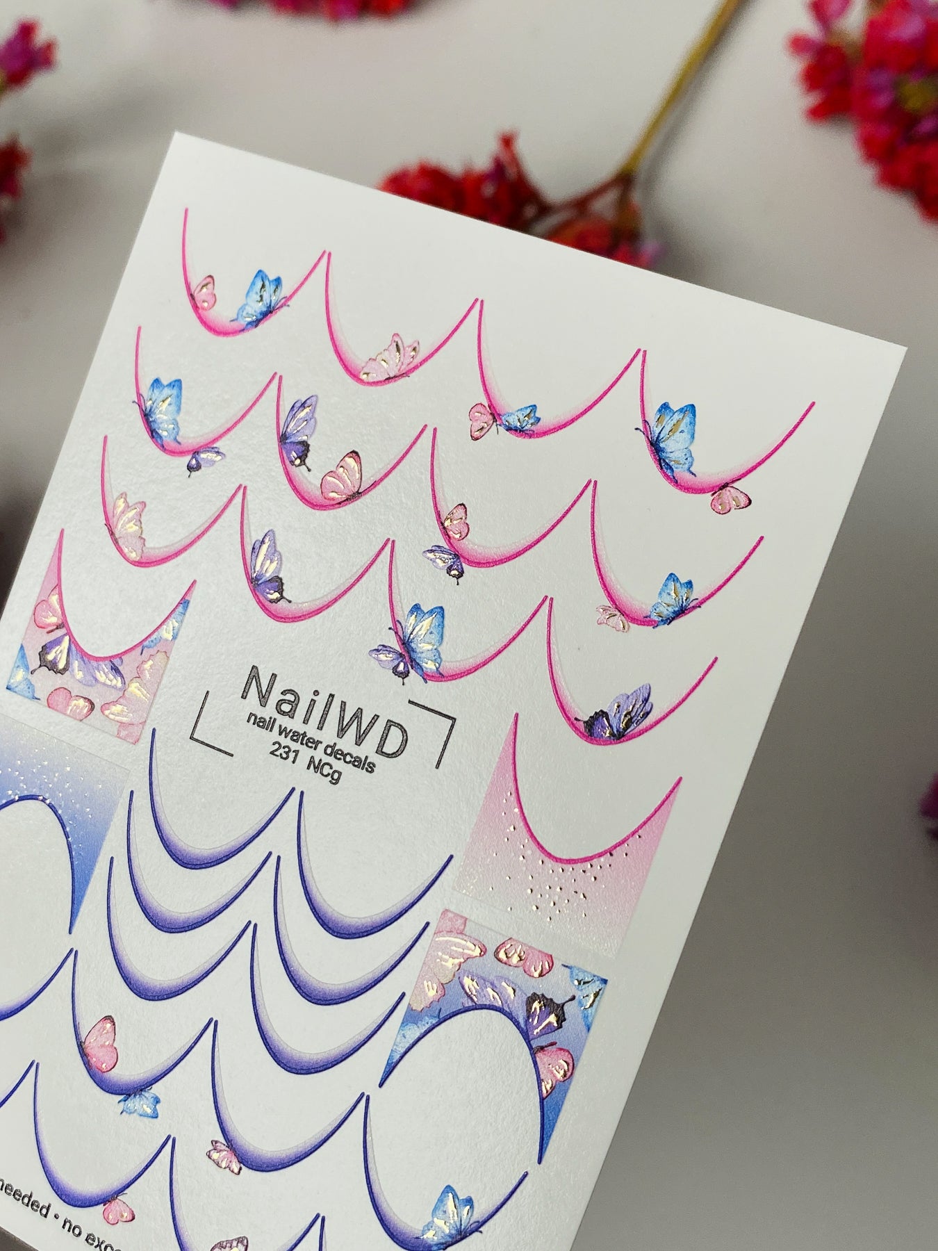 Nail Water Decal 231 Nail WD | Water Slide Nail Decals Butterflies & Gradient French Tips | Nail Water Decals Pink Blue Wings