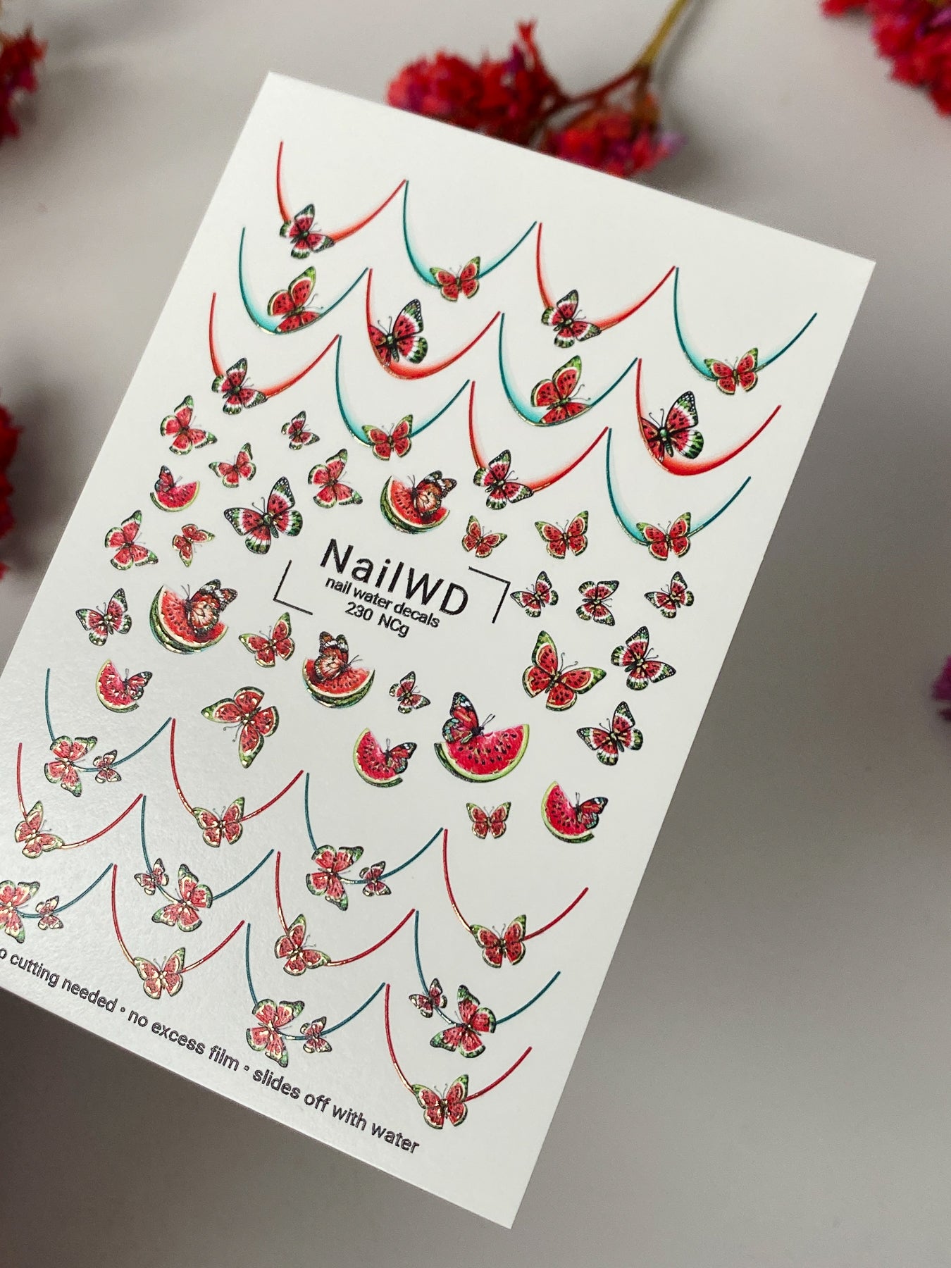 Nail Water Decal 230 Nail WD | Water Slide Nail Decals Watermelon & Butterflies | Nail Water Decals Summer Fruit French Tips