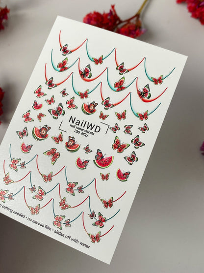 Nail Water Decal 230 Nail WD | Water Slide Nail Decals Watermelon & Butterflies | Nail Water Decals Summer Fruit French Tips