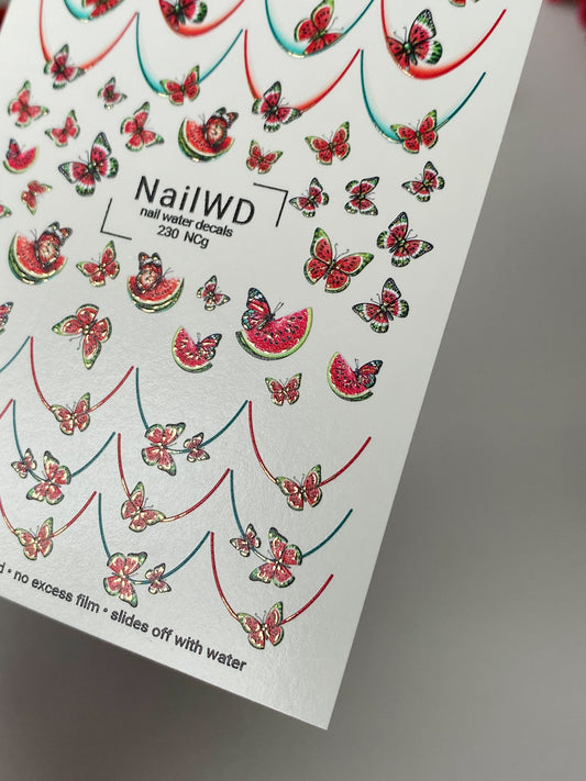 Nail Water Decal 230 Nail WD | Water Slide Nail Decals Watermelon & Butterflies | Nail Water Decals Summer Fruit French Tips