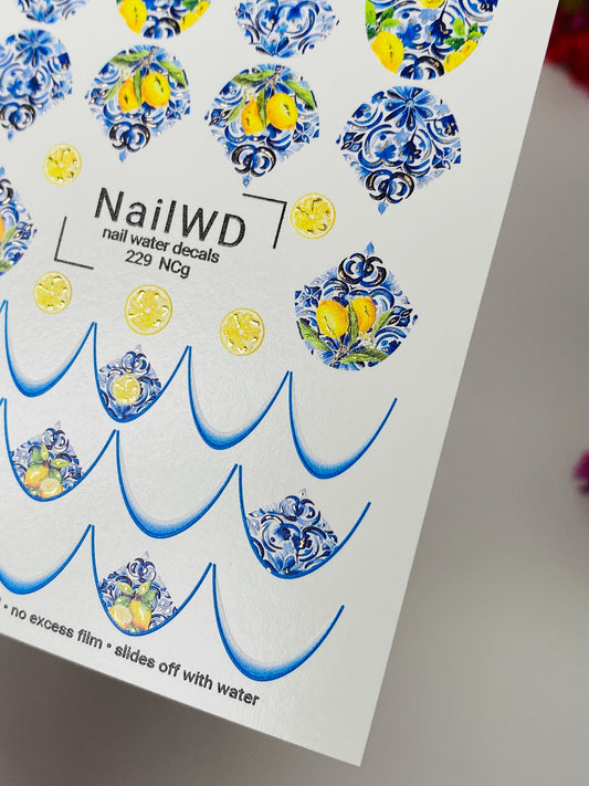 Nail Water Decal 229 Nail WD | Water Slide Nail Decals Lemons & Blue Tiles | Nail Water Decals Mediterranean French Tips