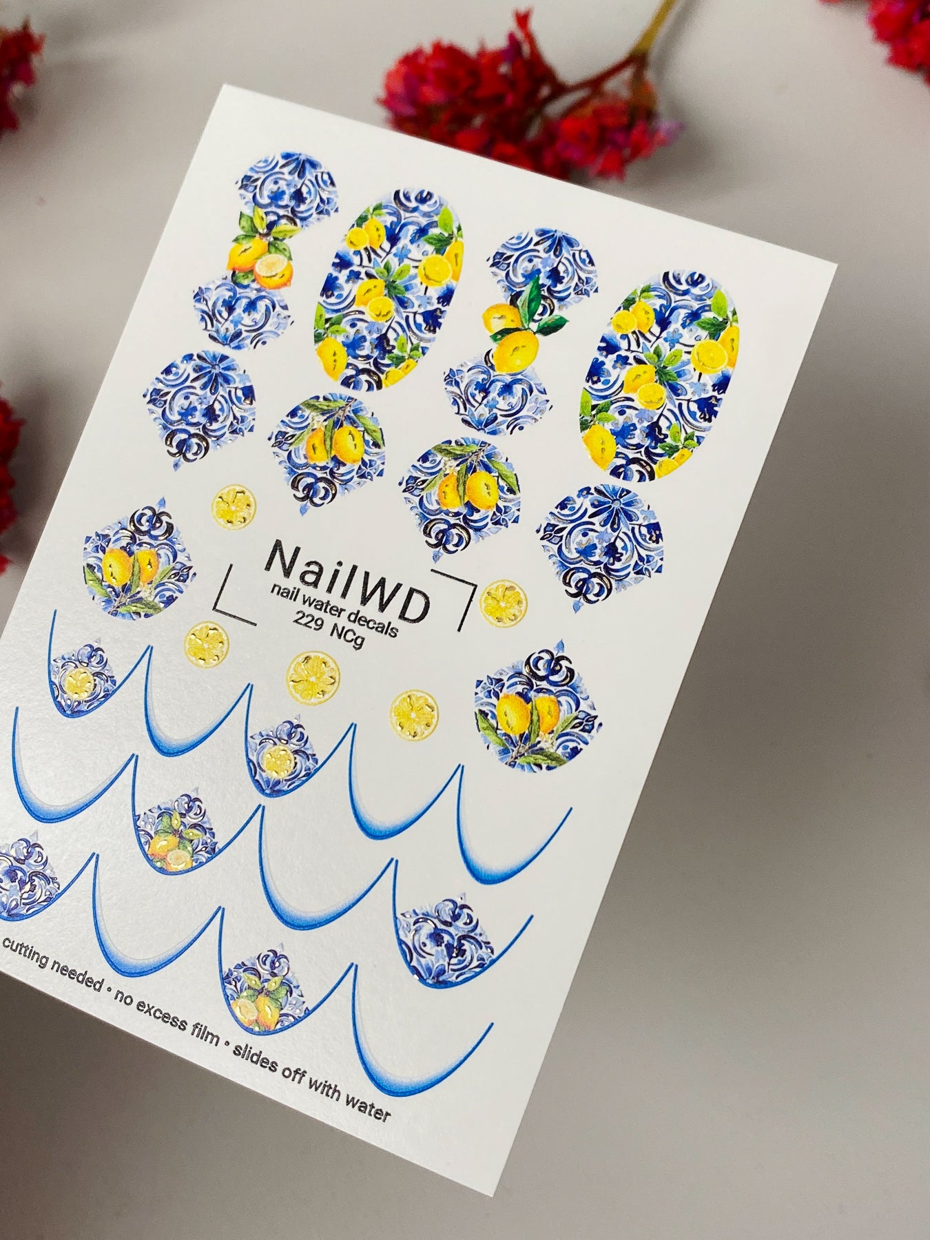 Nail Water Decal 229 Nail WD | Water Slide Nail Decals Lemons & Blue Tiles | Nail Water Decals Mediterranean French Tips