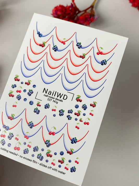 Nail Water Decal 227 Nail WD | Water Slide Nail Decals Blueberries and Cherries | Nail Water Decals French Tips Fruit Design