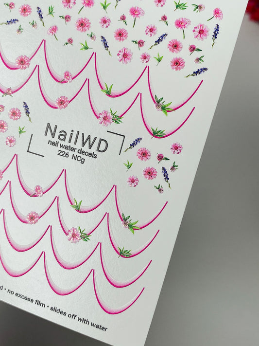 Nail Water Decal 226 Nail WD | Water Slide Nail Decals Pink Flowers and Lavender | Nail Water Decals French Tips Design