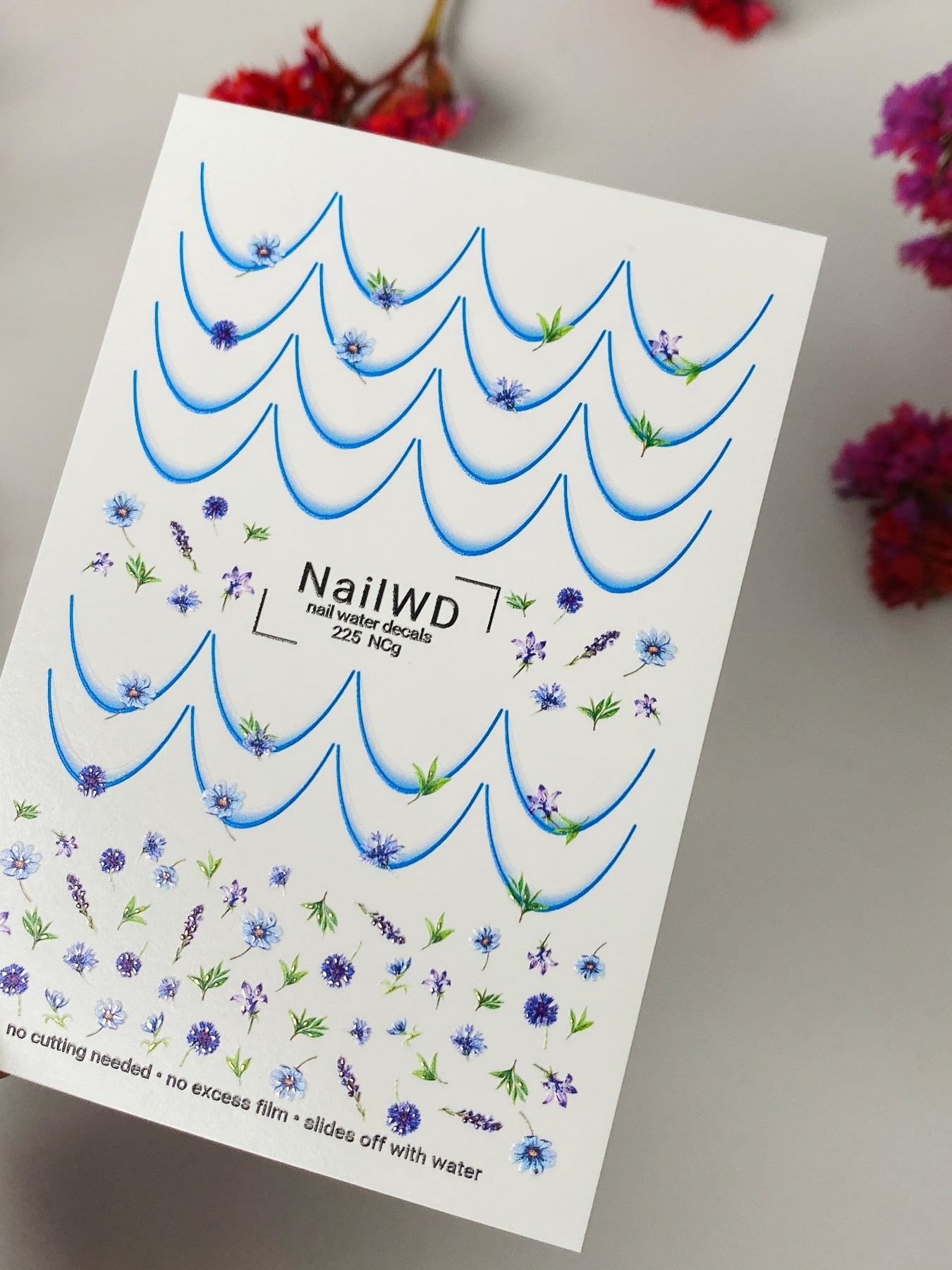 Nail Water Decal 225 Nail WD | Water Slide Nail Decals Blue Flowers and Lavender | Nail Water Decals Floral French Tips