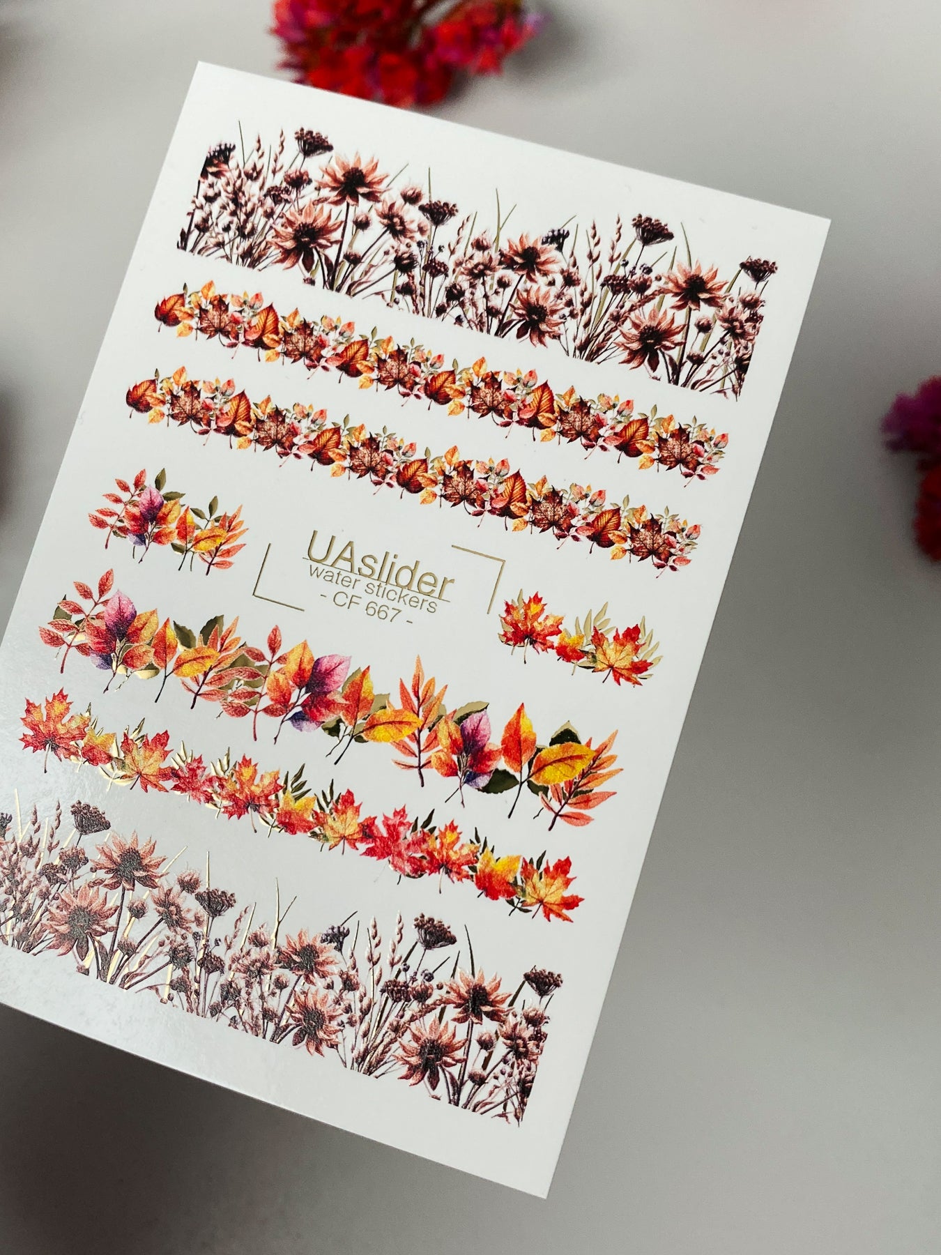 Autumn Nail Decals — Fall Leaf & Wildflower Strip Stickers Gold Foil | CF-667