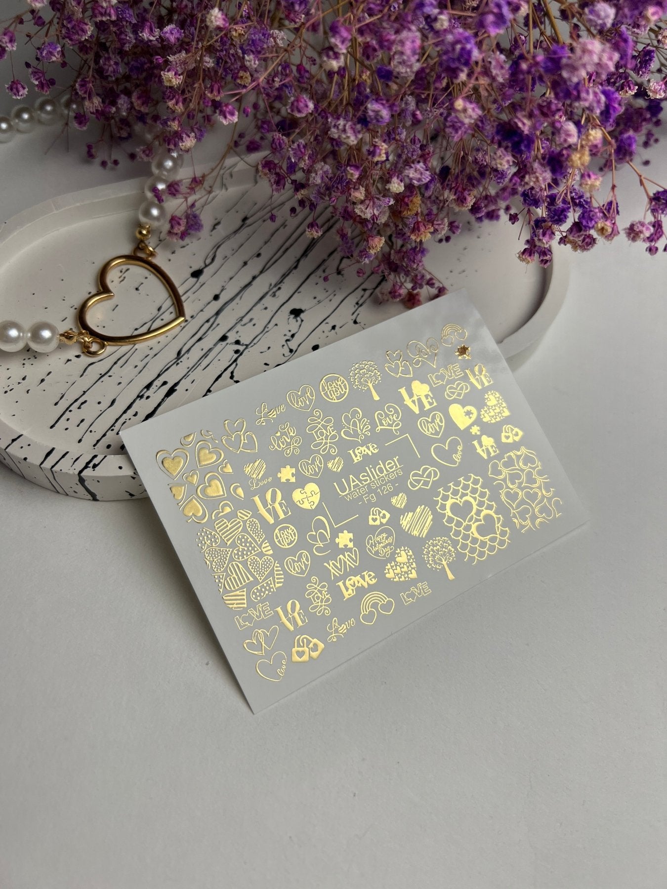 Nail Water Decal Fg-126 | Water Slide Nail Decals with Gold Hearts & Love Symbols | Romantic Design - UASLIDER