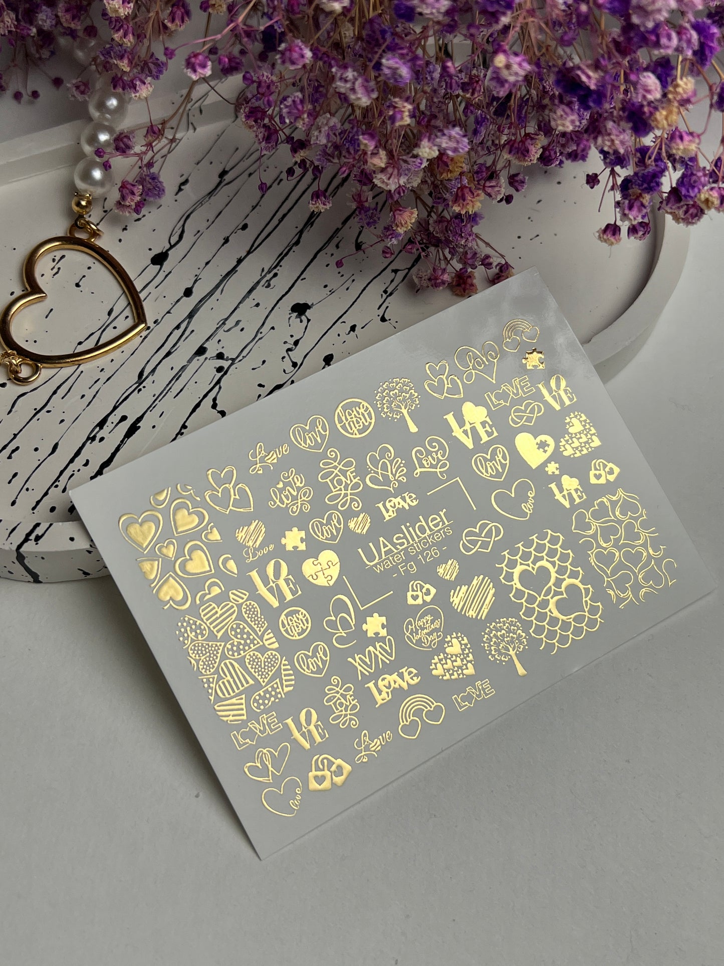 Nail Water Decal Fg-126 | Water Slide Nail Decals with Gold Hearts & Love Symbols | Romantic Design