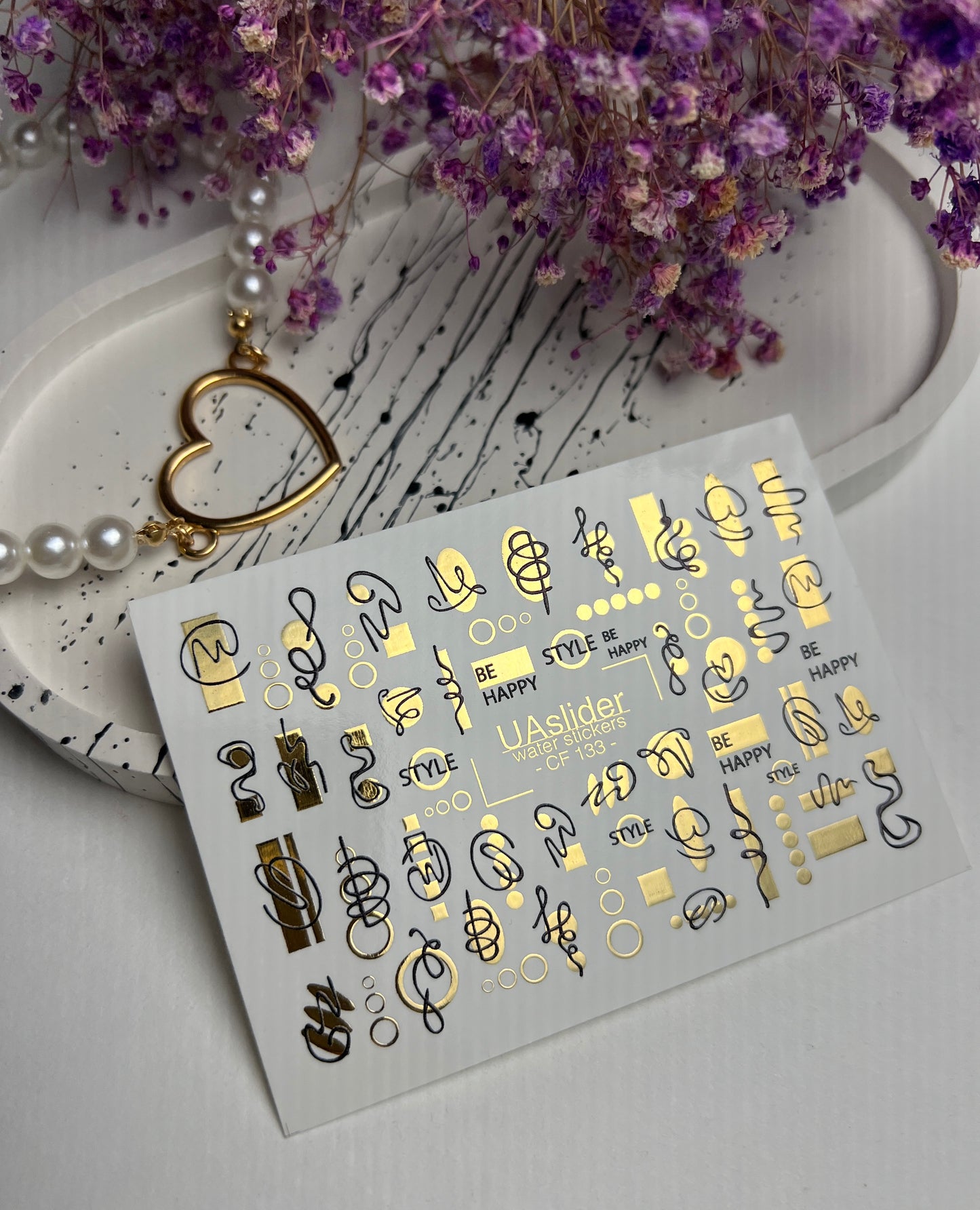 Nail Water Decal CF-133 Water Slide Nail Decals | Abstract Geometric Lines & Gold Accents