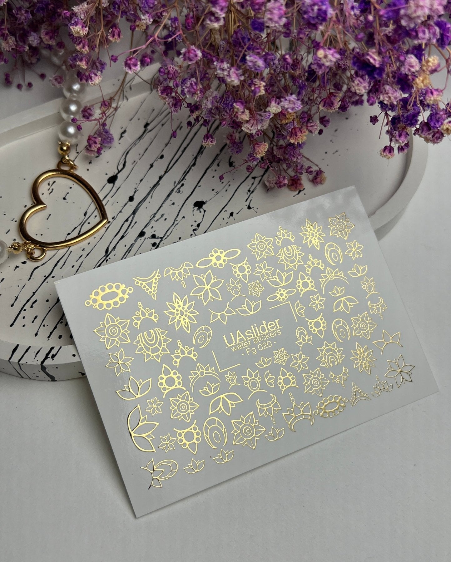 Nail Water Decal Fg-020 | Floral Water Slide Nail Decals with Gold Foil | Lotus & Mandala Flowers - UASLIDER