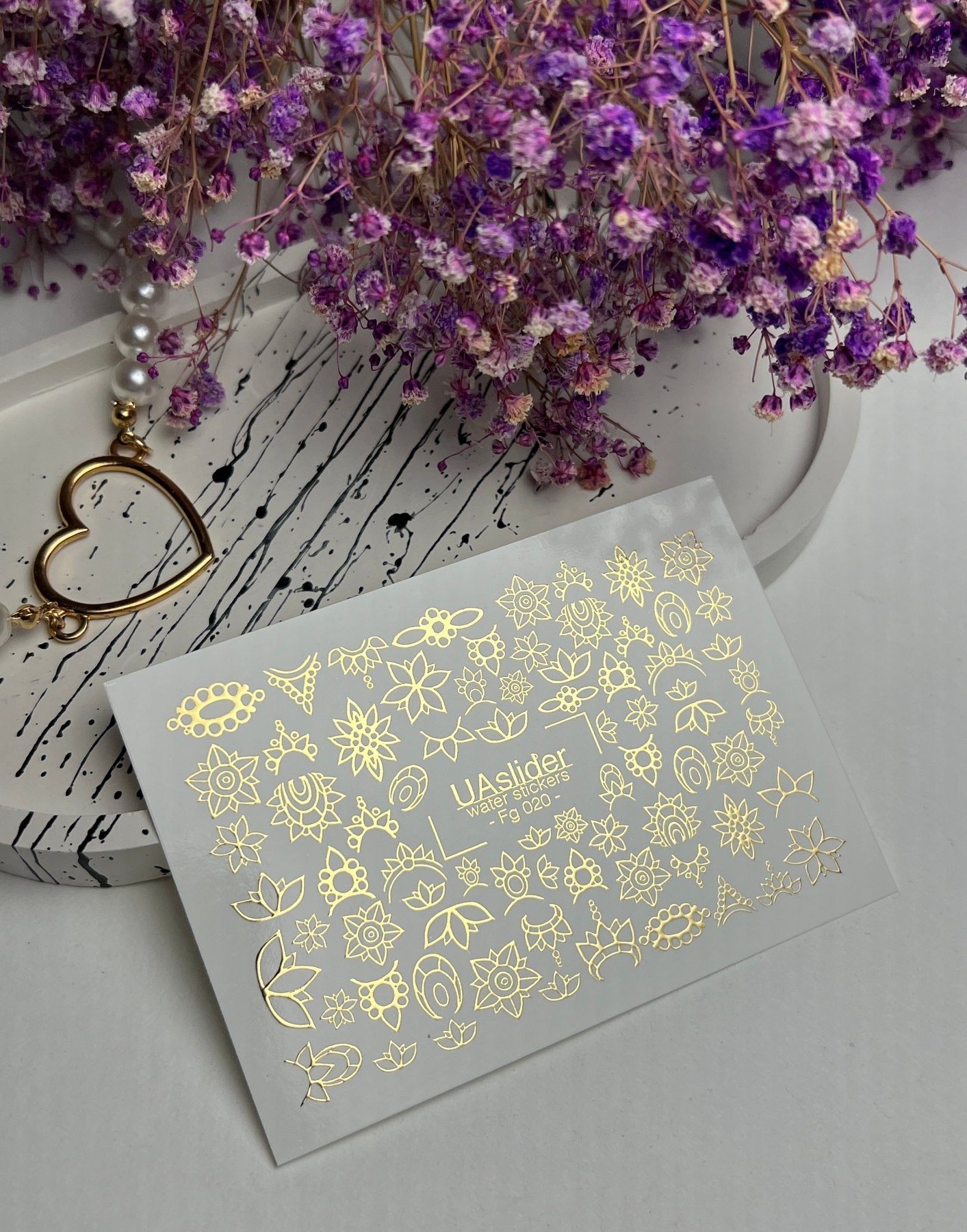 Nail Water Decal Fg-020 | Floral Water Slide Nail Decals with Gold Foil | Lotus & Mandala Flowers - UASLIDER