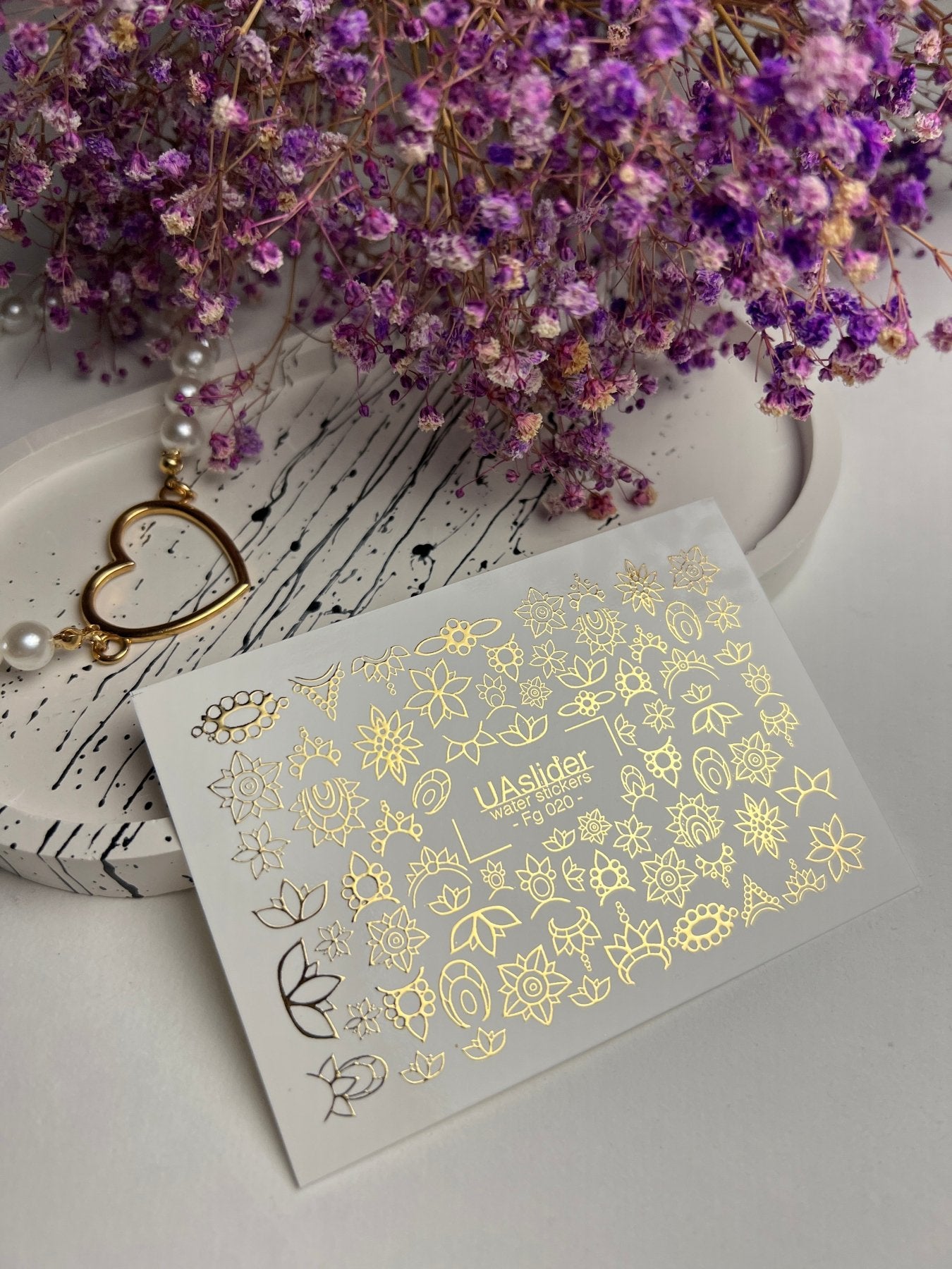 Nail Water Decal Fg-020 | Floral Water Slide Nail Decals with Gold Foil | Lotus & Mandala Flowers - UASLIDER