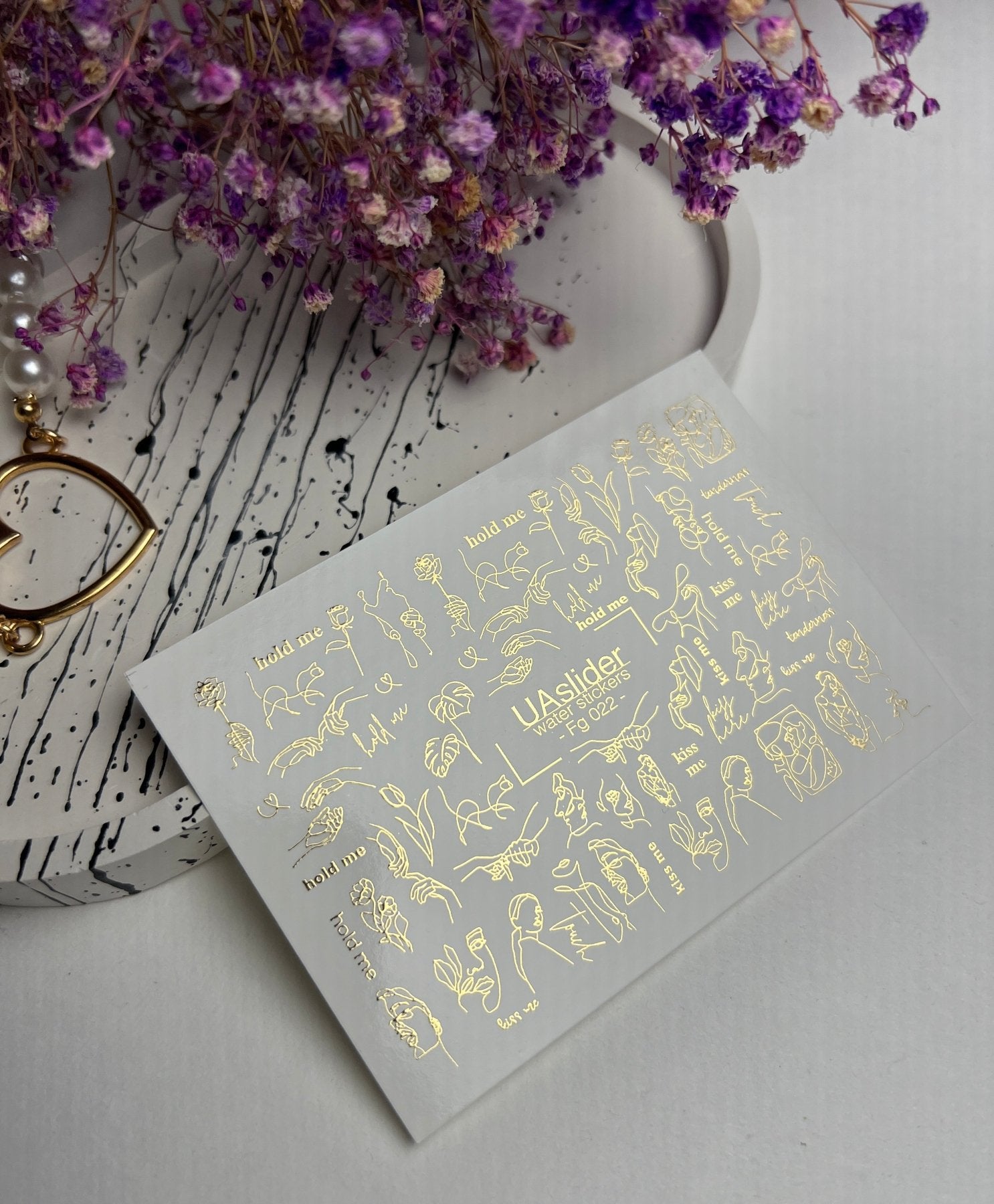 Nail Water Decal Fg-022 | Minimalist Line Art Water Slide Nail Decals with Gold Foil | Faces, Hands & Words - UASLIDER