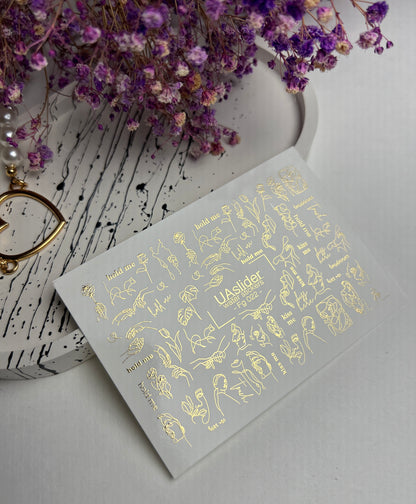 Nail Water Decal Fg-022 | Minimalist Line Art Water Slide Nail Decals with Gold Foil | Faces, Hands & Words