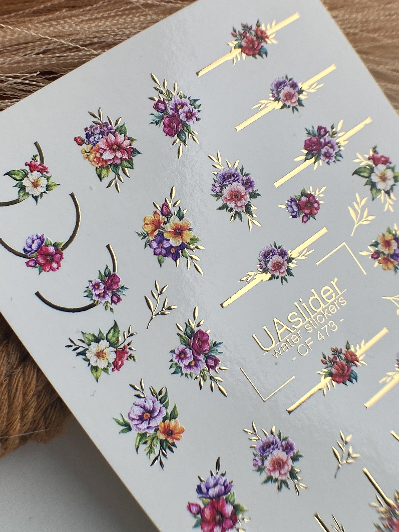 Nail Water Decal CF-473 | Floral Nail Decals | Colorful Flower Stickers with Gold Lines - UASLIDER