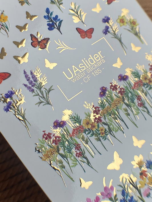 Nail Water Decal CF-185 | Nail Water Decals | Wildflower Fields & Golden Butterflies