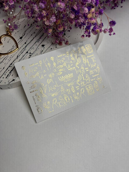 Nail Water Decal Fg-022 | Minimalist Line Art Water Slide Nail Decals with Gold Foil | Faces, Hands & Words