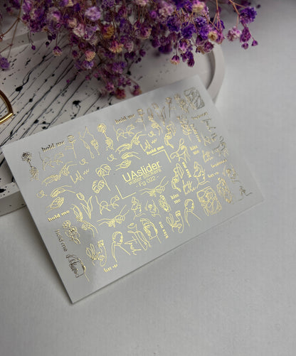 Nail Water Decal Fg-022 | Minimalist Line Art Water Slide Nail Decals with Gold Foil | Faces, Hands & Words