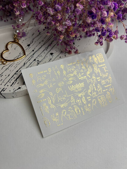 Nail Water Decal Fg-022 | Minimalist Line Art Water Slide Nail Decals with Gold Foil | Faces, Hands & Words